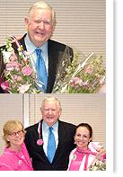 Congressman John Murtha standing with Code Pinkers