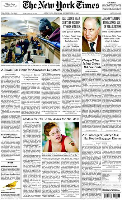 front page, New York Times, September 9, 2003, Medals for His Valor, Ashes for His Wife